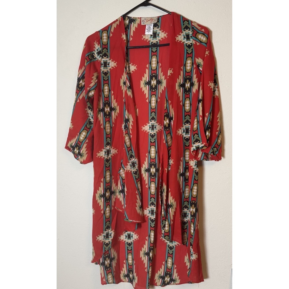 Scully Red Aztec Print Kimono Duster Jacket Women's Size S Made in USA
